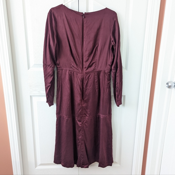 Burgundy Satin Long Sleeve Midi Dress - Picture 3 of 6